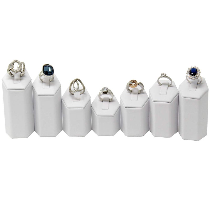 Mooca Ring Stand Holder Display Tower Jewelry Organizer, Ring Display Holder, Pedestals Display 7 Pcs Set Perfect for Showcase, White Faux Leather - Image 3